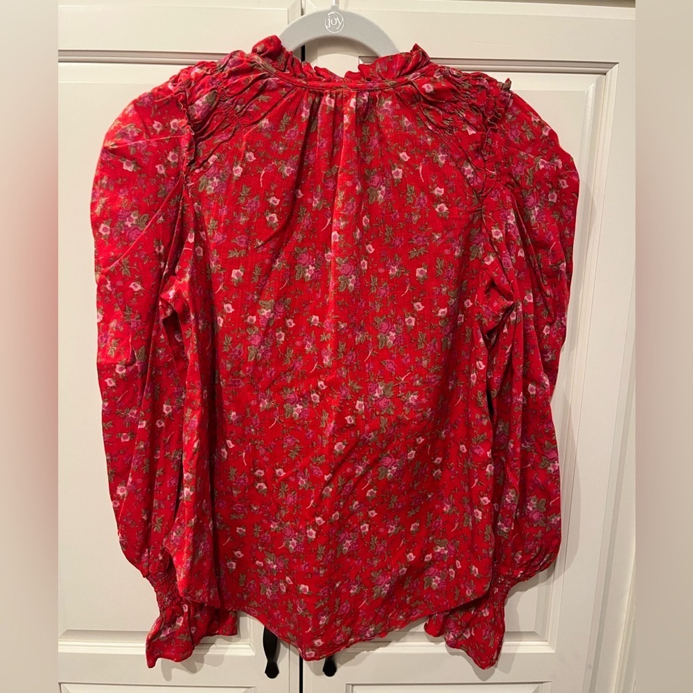 Free People Red Floral Ruffled Button-Front Blouse - Picture 4 of 7